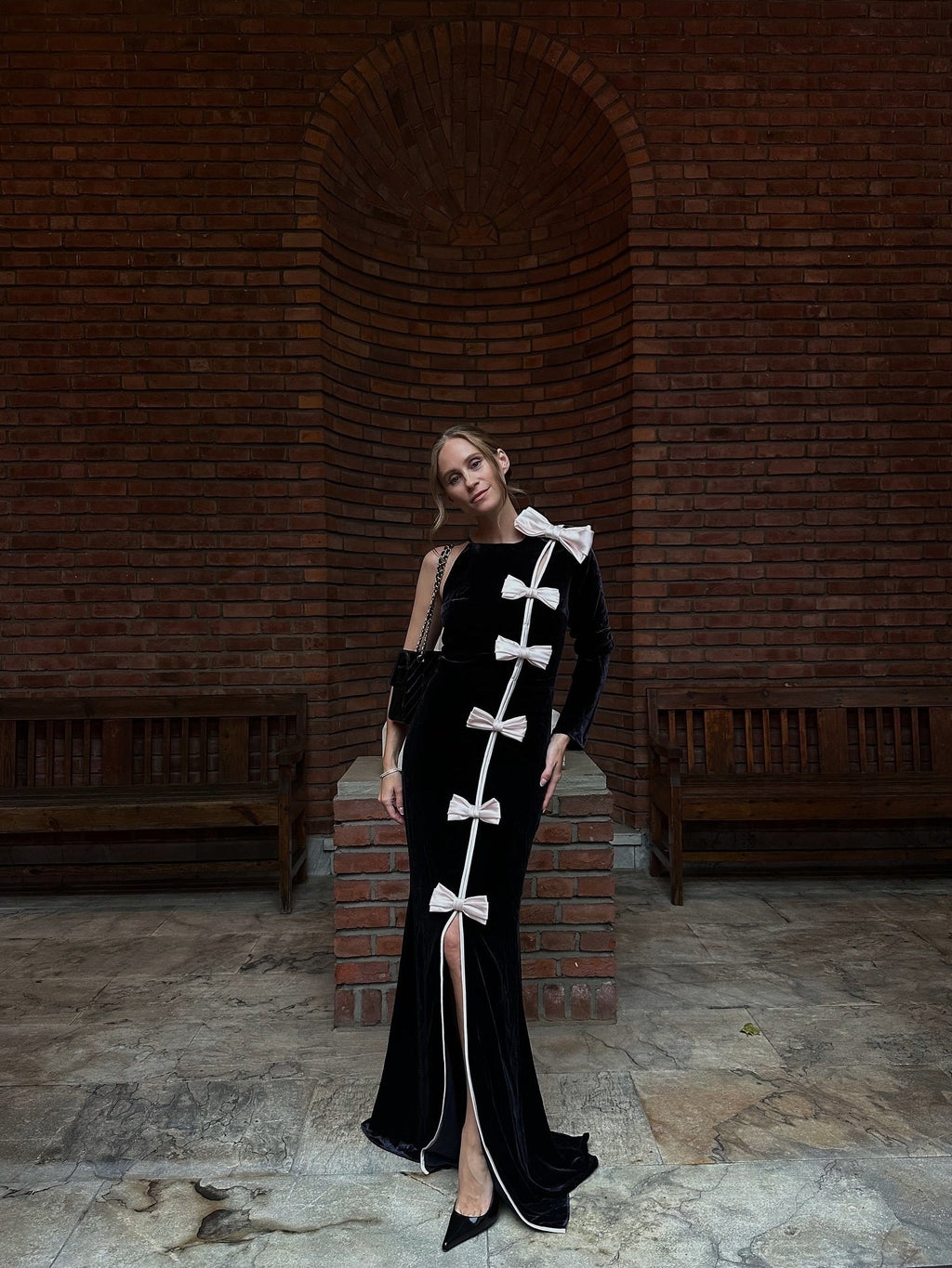 victoria Bow Cascade Velvet Maxi Dress in black