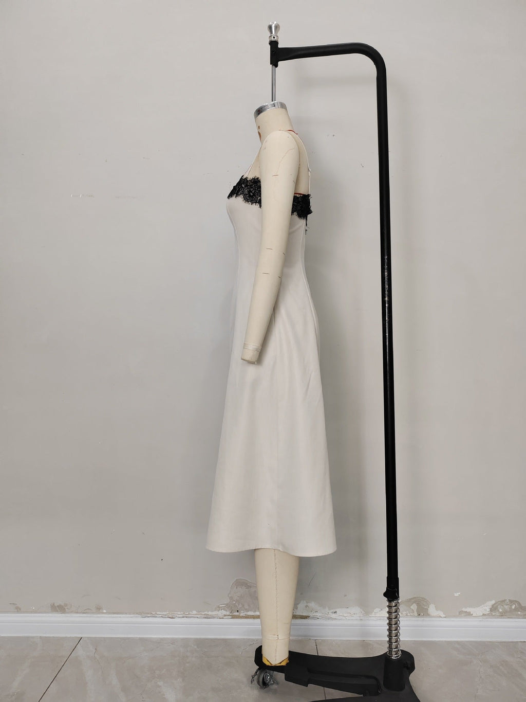 Flowering Girl Women Off White Thin Strap Black Lace Trim Midi Dress Slim Fit Flowy Linen Blend Slip Dress