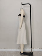 Flowering Girl Women Off White Thin Strap Black Lace Trim Midi Dress Slim Fit Flowy Linen Blend Slip Dress