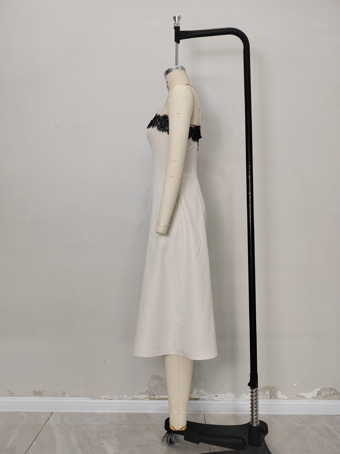 Flowering Girl Women Off White Thin Strap Black Lace Trim Midi Dress Slim Fit Flowy Linen Blend Slip Dress
