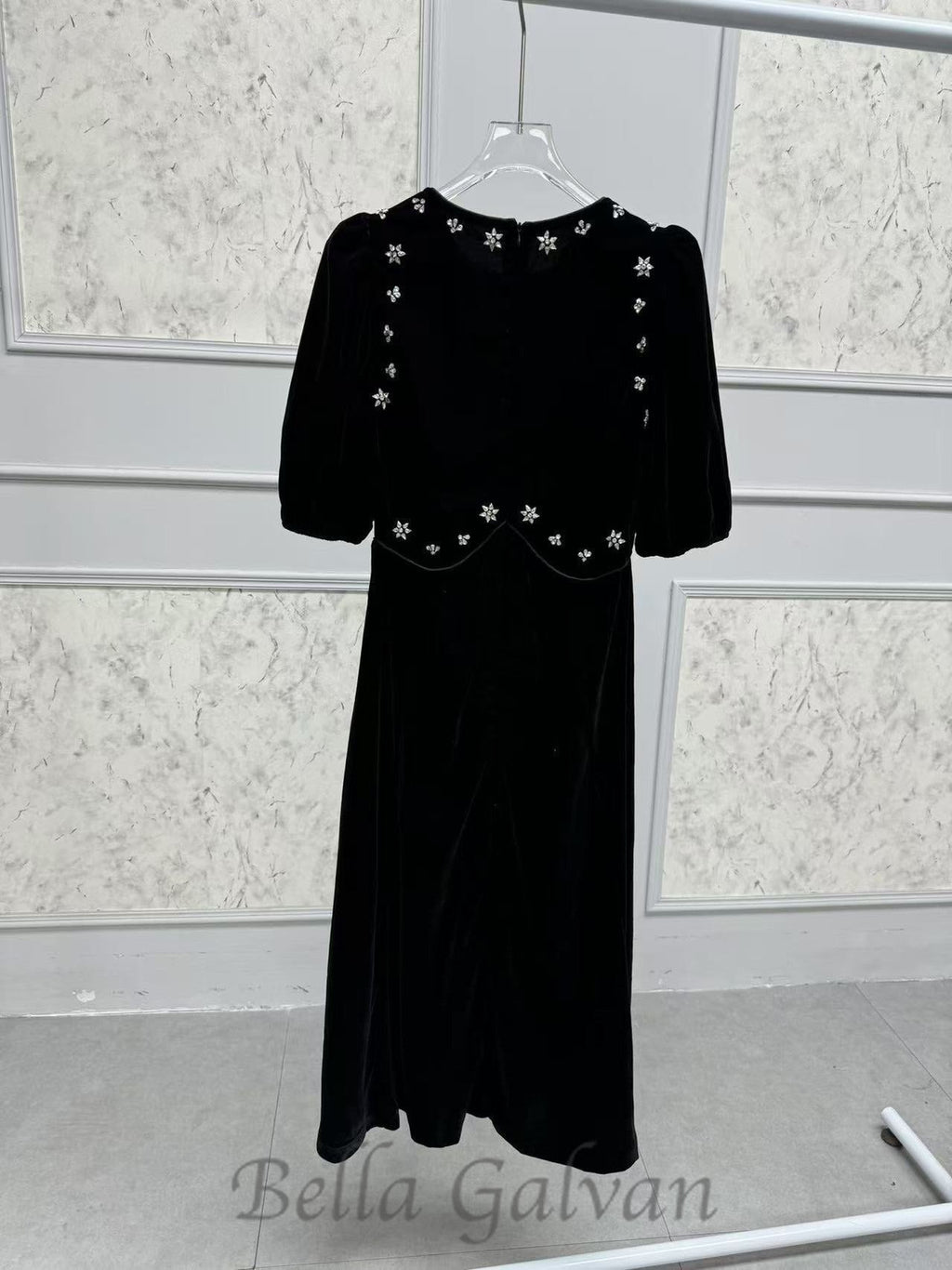 Flowering Girl Women crystal embellished puff midi dress in black