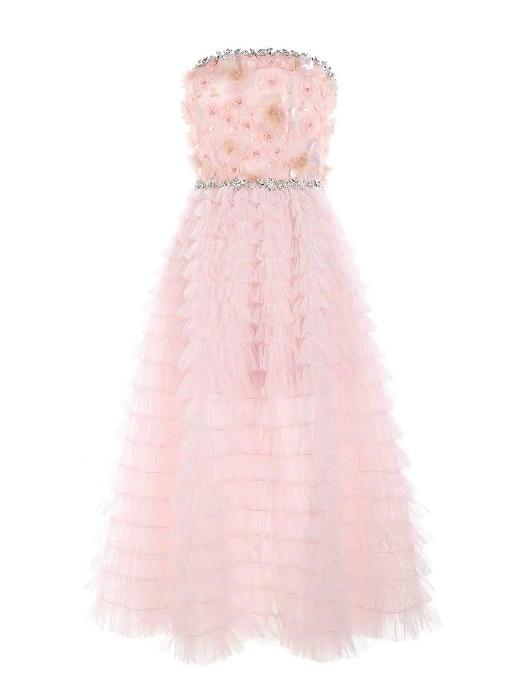 Pink Princess layer ruffle midi floral Embroidery strapless Dress