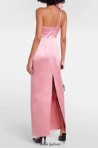 yvonne one-shoulder 3d flower satin maxi dress in pink