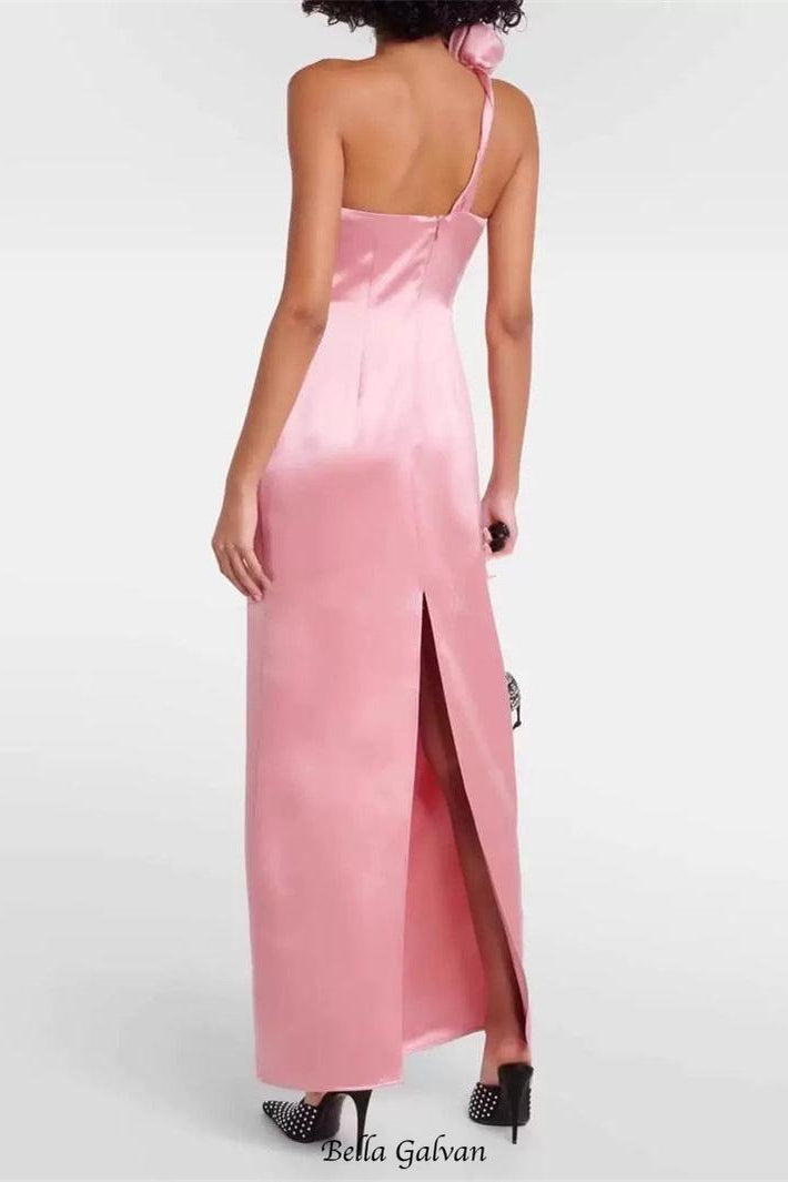 yvonne one-shoulder 3d flower satin maxi dress in pink