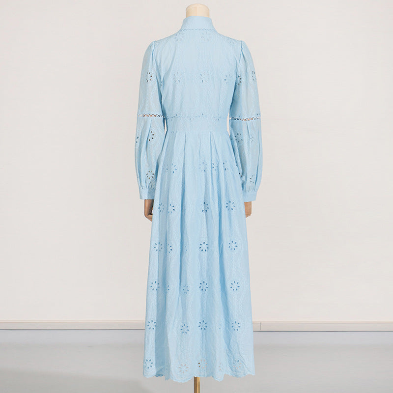 Flowering Girl Women retro single-breasted hollow lace midi dress in blue