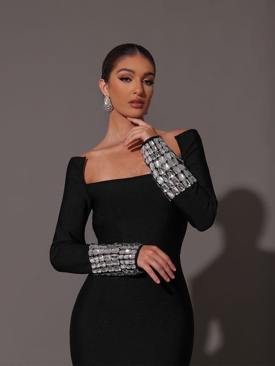 Flowering Girl Women Square Neck Diamond Tight Bandage Maxi Dress In Black