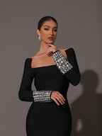 Flowering Girl Women Square Neck Diamond Tight Bandage Maxi Dress In Black