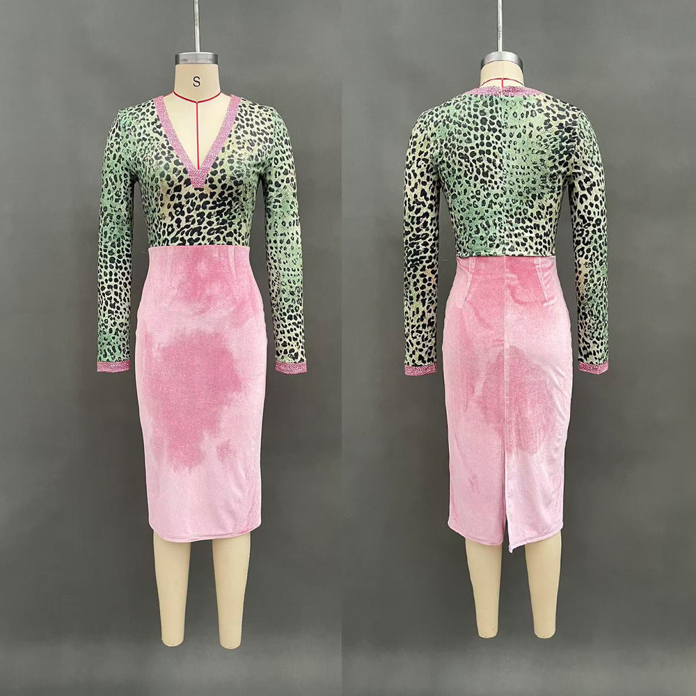 Flowering Girl Women Pink Velvet Bodycon Dress With Patchwork Webbing And Leopard Print