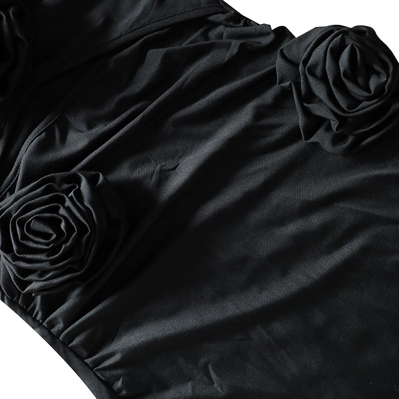 Flowering Girl Women Flower Halter Cut Out Dress in black