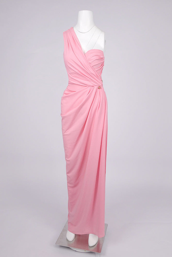 Flowering Girl Women Bess One-Shoulder Slant Neck Pleated Maxi Dress In Pink