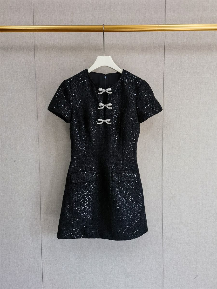 Flowering Girl Women Janice Black Sequin Tweed Bow Mini Dress
