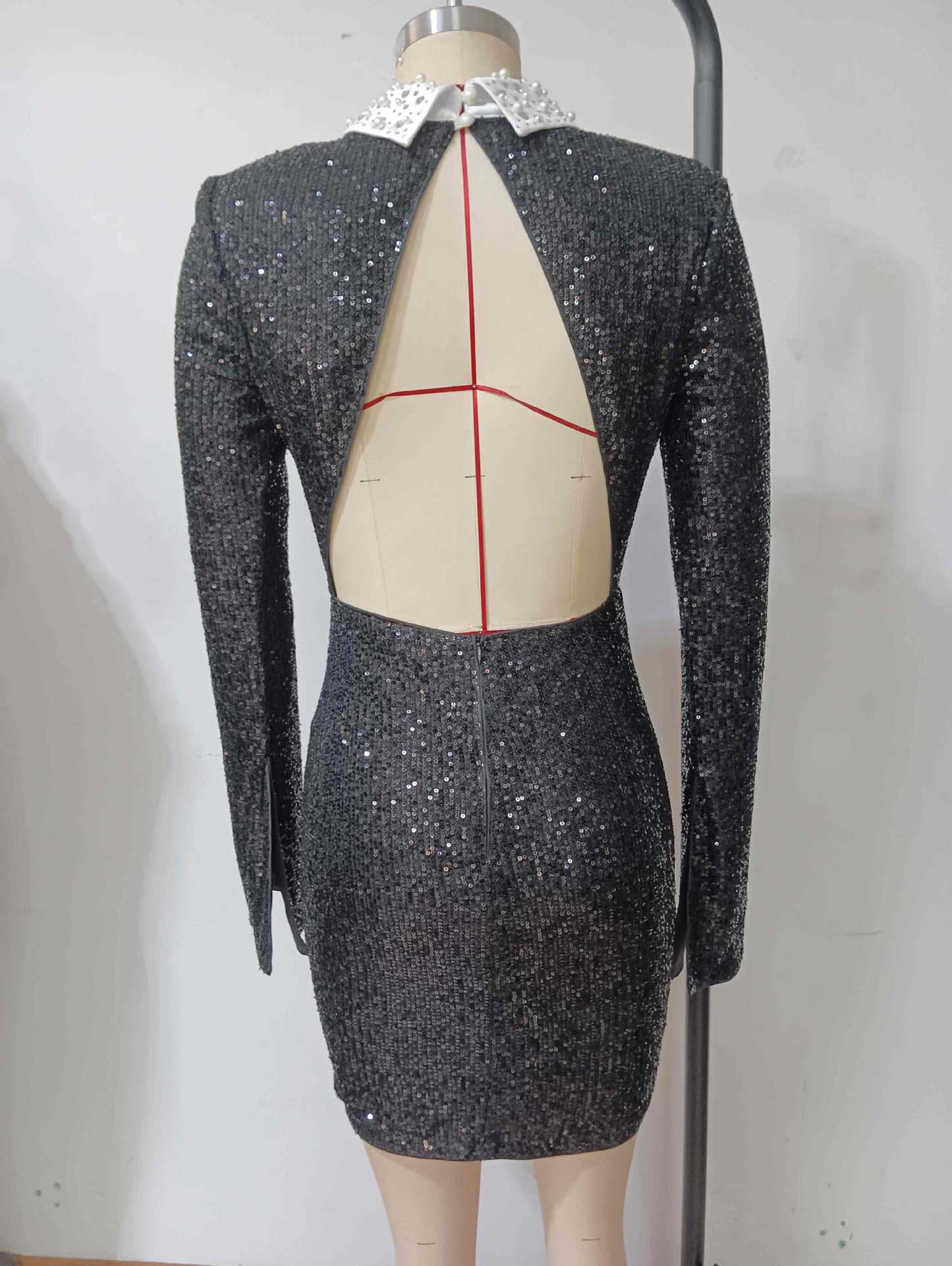 Wanda Long Sleeve Sequin Backless Mini Dress In Black