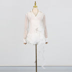 Flowering Girl Women flower ruffle ribbon mini dress in white
