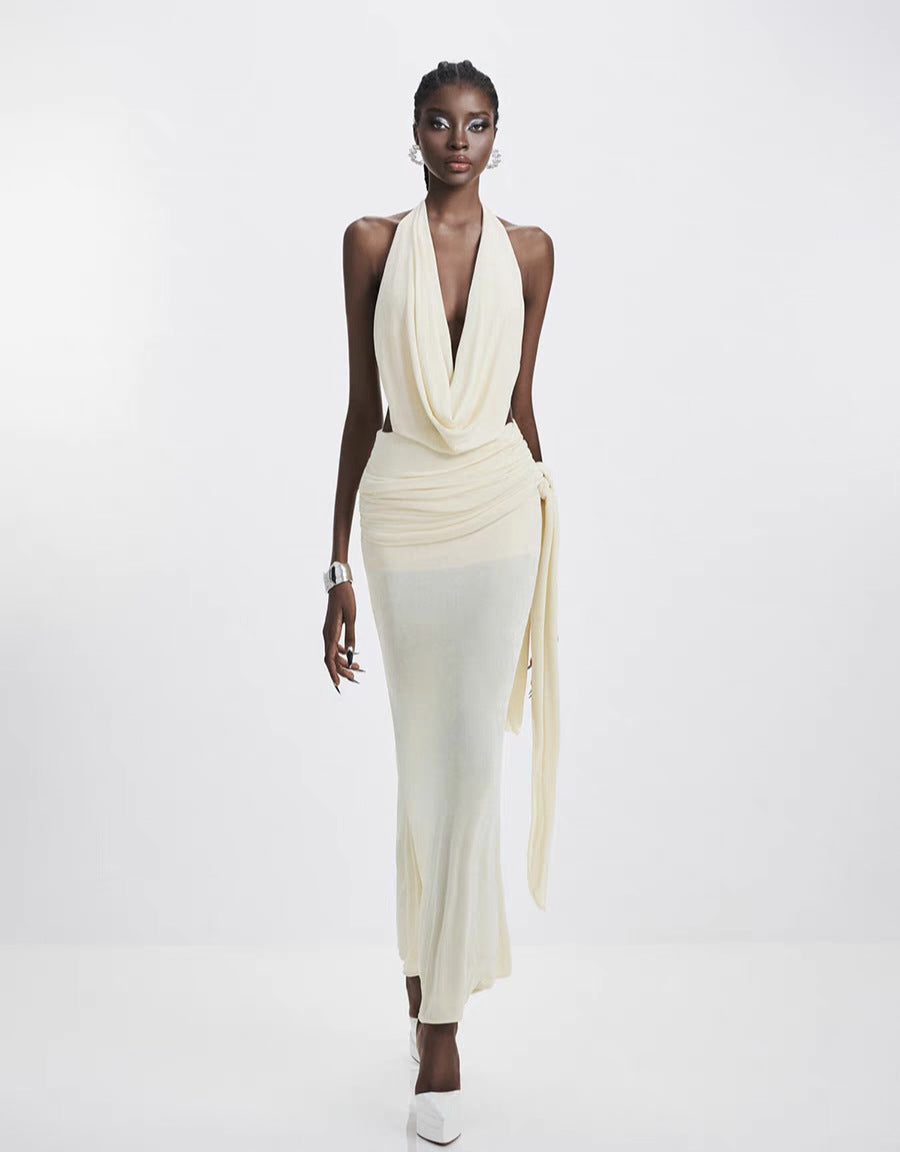 Carol Ruched Halter Bodycon Maxi Dress In White