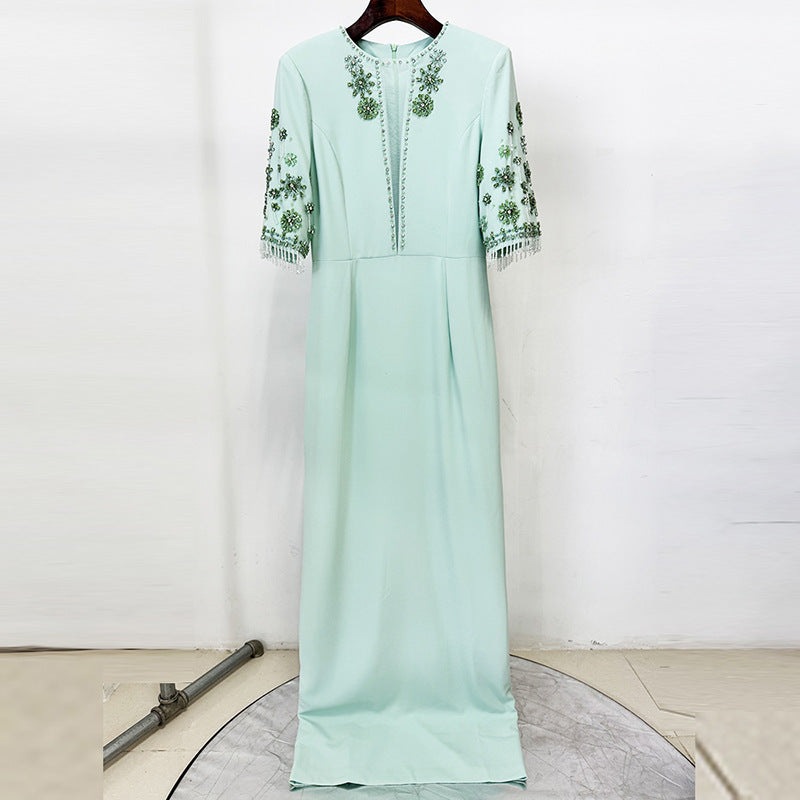 Flowering Girl Women mesh splicing bead diamond mid-sleeve mint green long dress