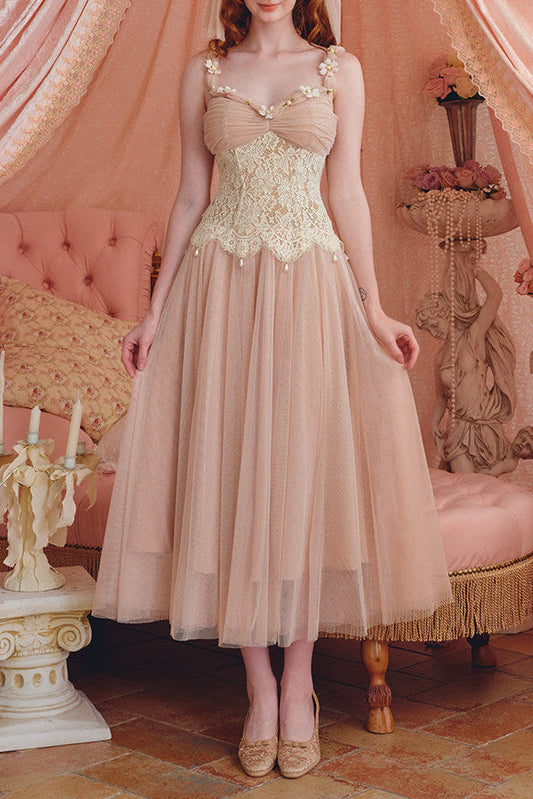 heloise lace mesh flower detail maxi dress in cream pink