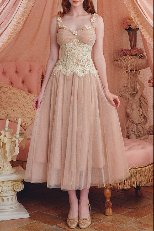 Heloise Lace Mesh Flower Detail Maxi Dress In Cream Pink