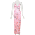 Printed Strappy Butterfly Backless Plunge Sheath Slip Maxi Dress
