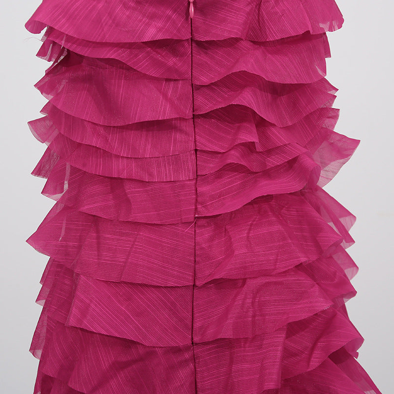 Cathy Pleated Layer Strapless Maxi Dress In Rose Red