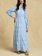 Flowering Girl Women retro single-breasted hollow lace midi dress in blue