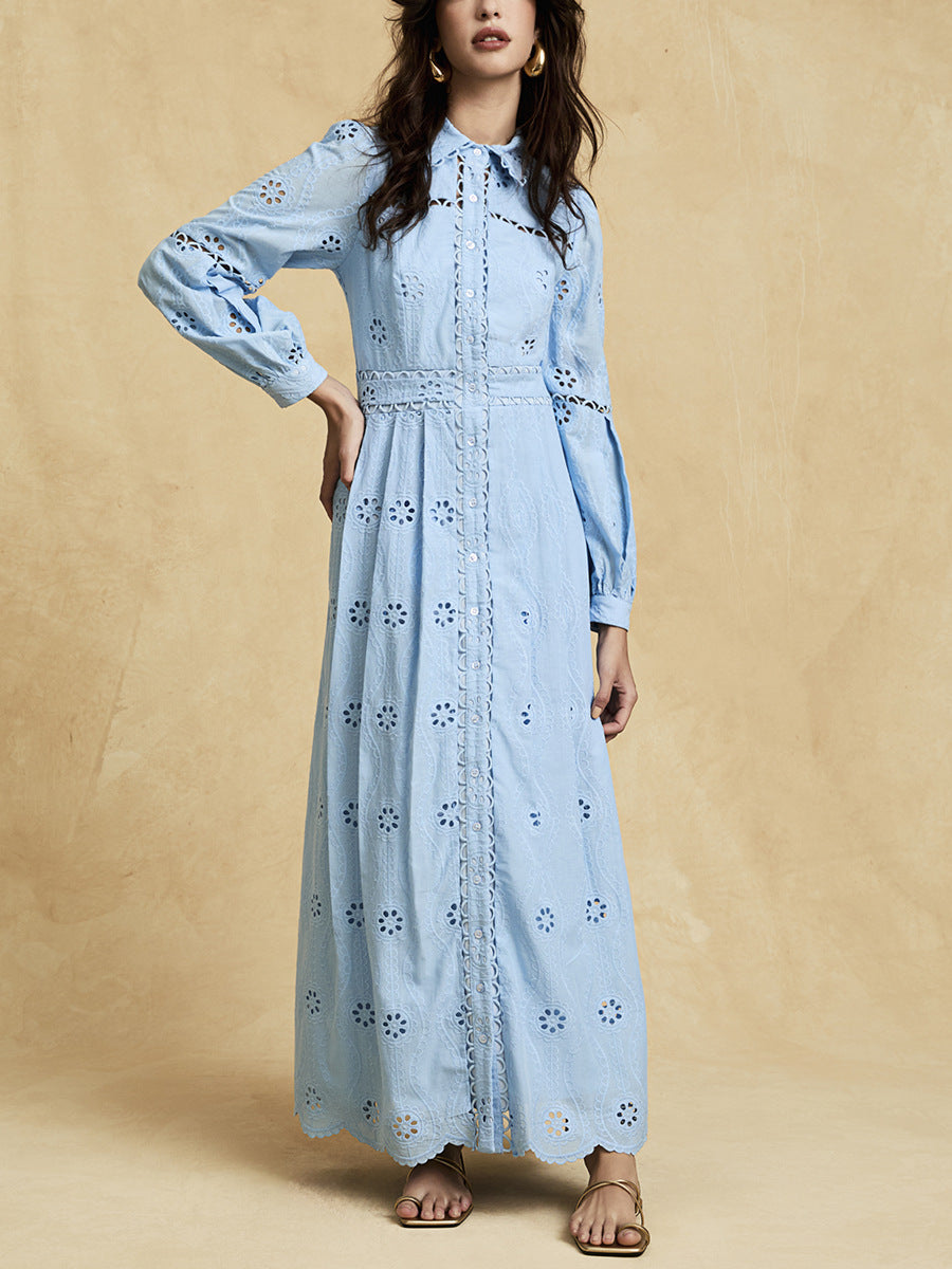 Flowering Girl Women retro single-breasted hollow lace midi dress in blue