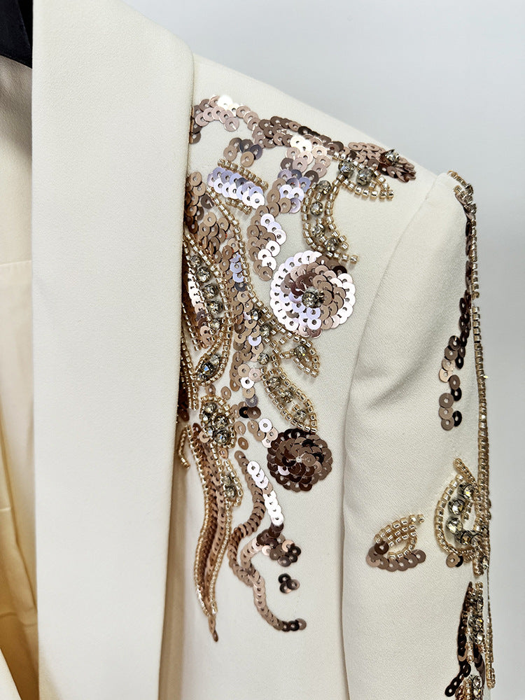 Flowering Girl Women Beaded diamond-embellished skirt blazer in beige