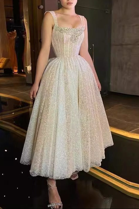 Flowering Girl Women square neck rhinestone sequin puffy midi dress - silver