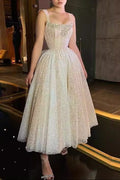 Flowering Girl Women square neck rhinestone sequin puffy midi dress - silver