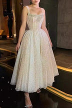 Flowering Girl Women square neck rhinestone sequin puffy midi dress - silver