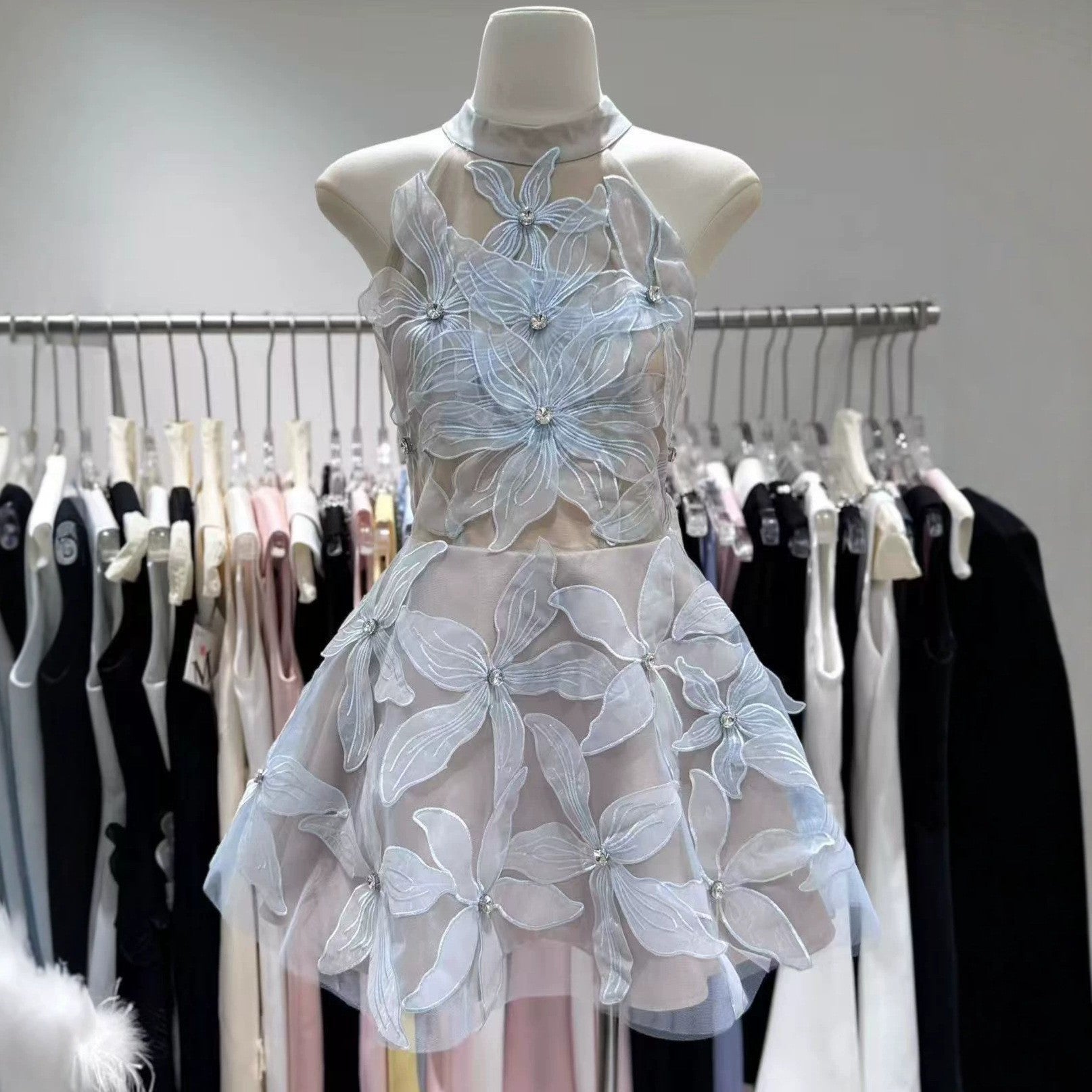 Flowering Girl Women Halter 3D Floral Rhinestone Sheer Mini Dress