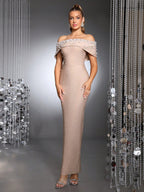 Flowering Girl Women Belen Pearl Beaded Strapless Maxi Bandage Dress In Apricot