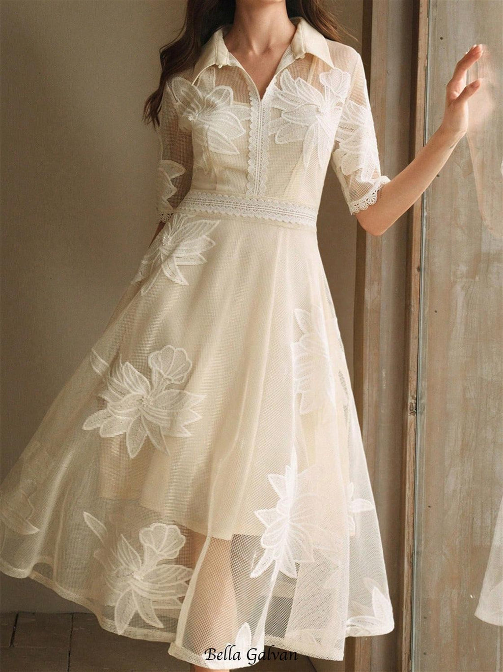 Flowering Girl Women Lace Embroidered Shirt Collar Midi Dress - apricot