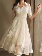 Flowering Girl Women Lace Embroidered Shirt Collar Midi Dress - apricot