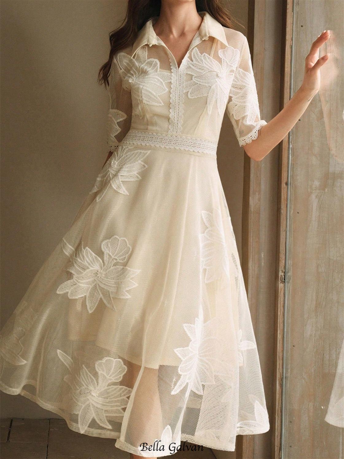Flowering Girl Women Lace Embroidered Shirt Collar Midi Dress - apricot