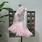 Pink Mesh Lace Ruffled Trumpet Sleeve Shirt Dress Shorts Set