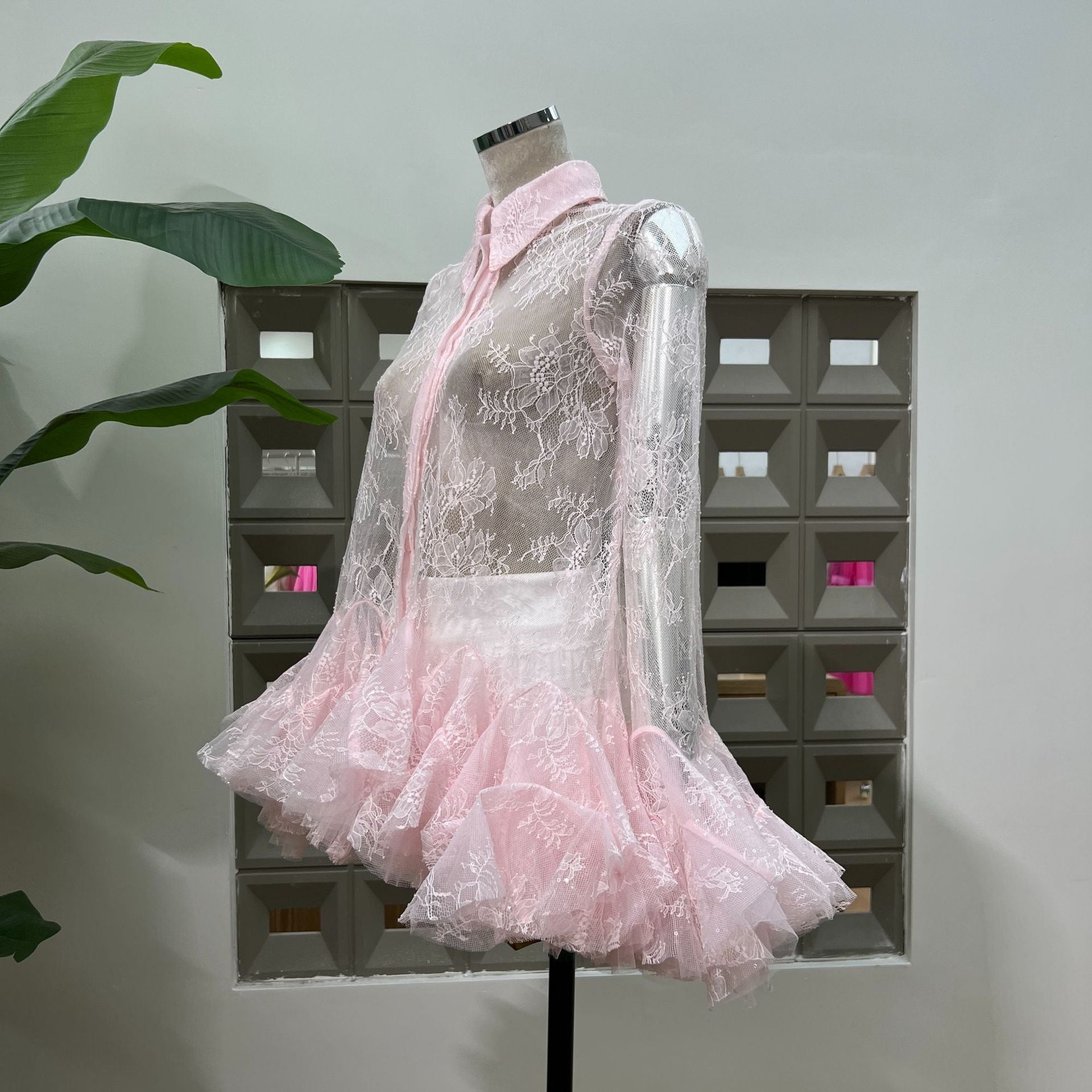 Pink Mesh Lace Ruffled Trumpet Sleeve Shirt Dress Shorts Set