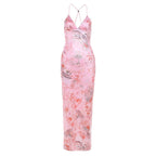 Printed Strappy Butterfly Backless Plunge Sheath Slip Maxi Dress