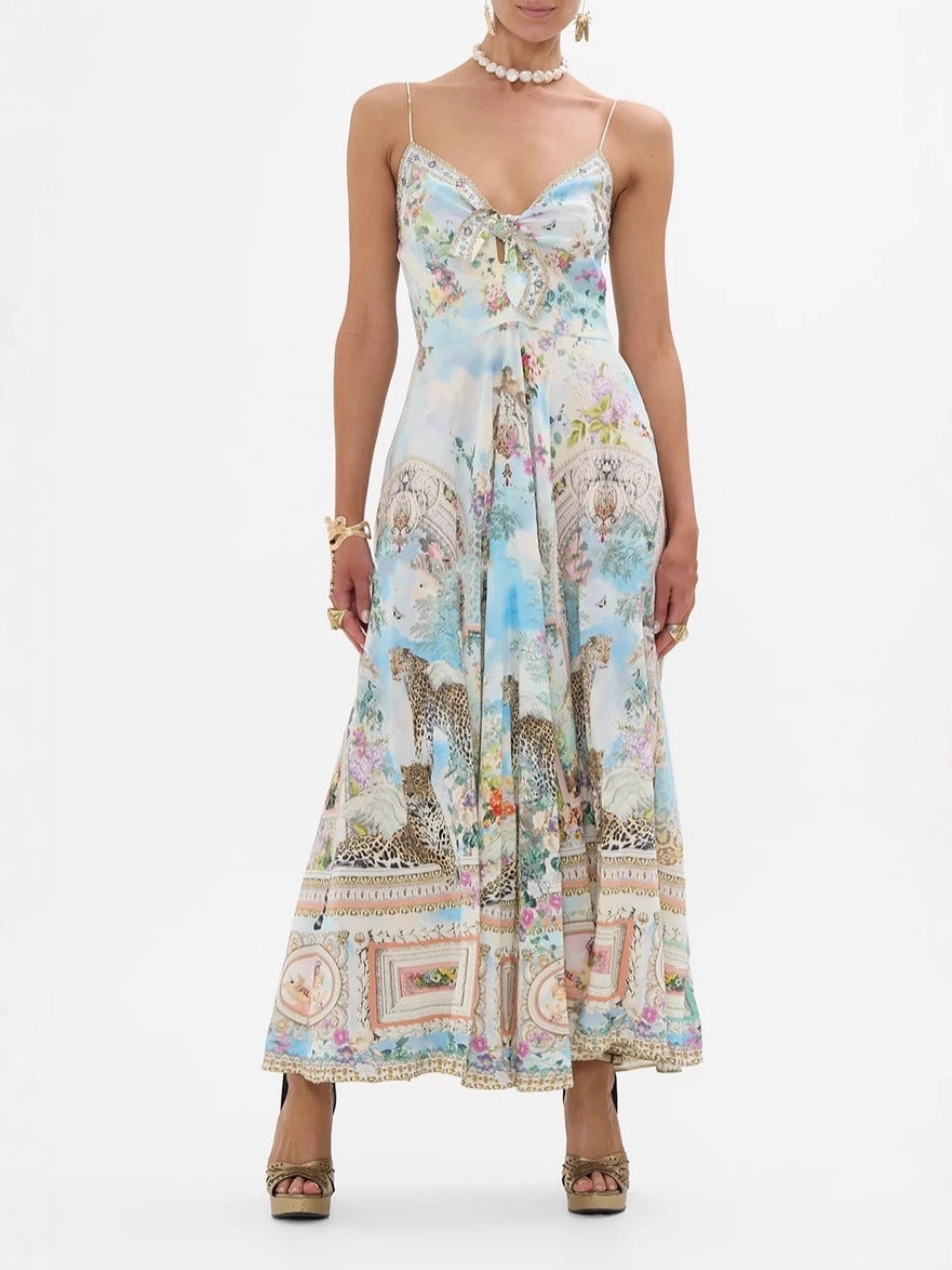 Flowering Girl Women Retro oil painting print halter maxi dress