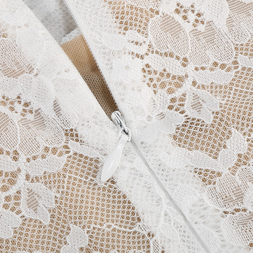 Lace jacquard fishbone bodycon mini dress in white