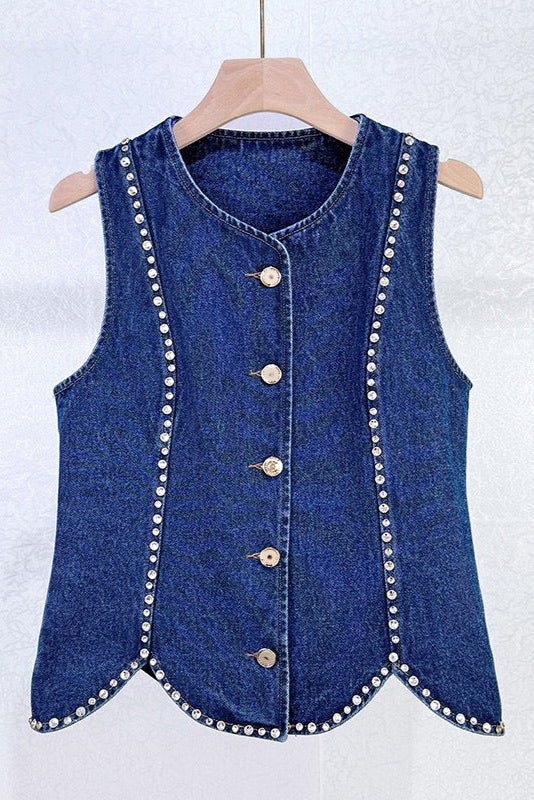Flowering Girl Women Rhinestone Denim Top In Blue