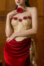 Claire Wild Rose Corset Maxi Dress - Gold / Red
