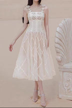 Cream Lace Corset Midi Dress with 3D Flower Straps