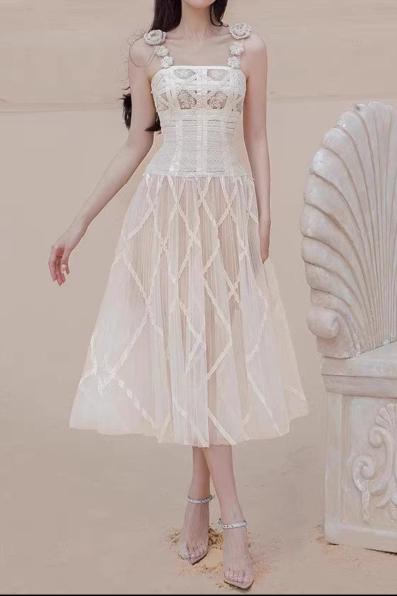 Cream Lace Corset Midi Dress with 3D Flower Straps