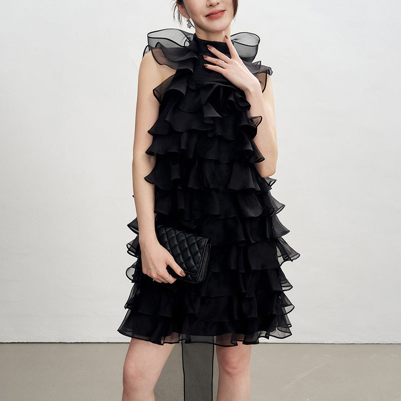 Poppy Ruffle Silk Organza Sleeveless Mini Dress In Black