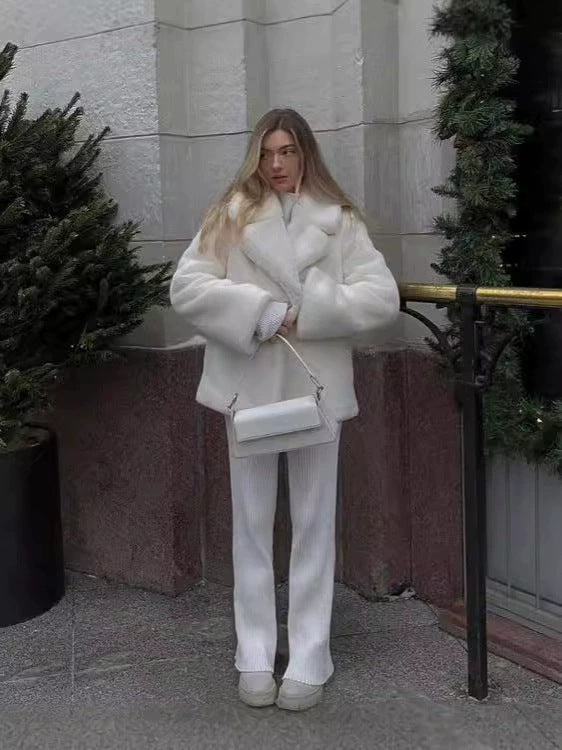 Flowering Girl Women White rabbit fur coat with suit collar