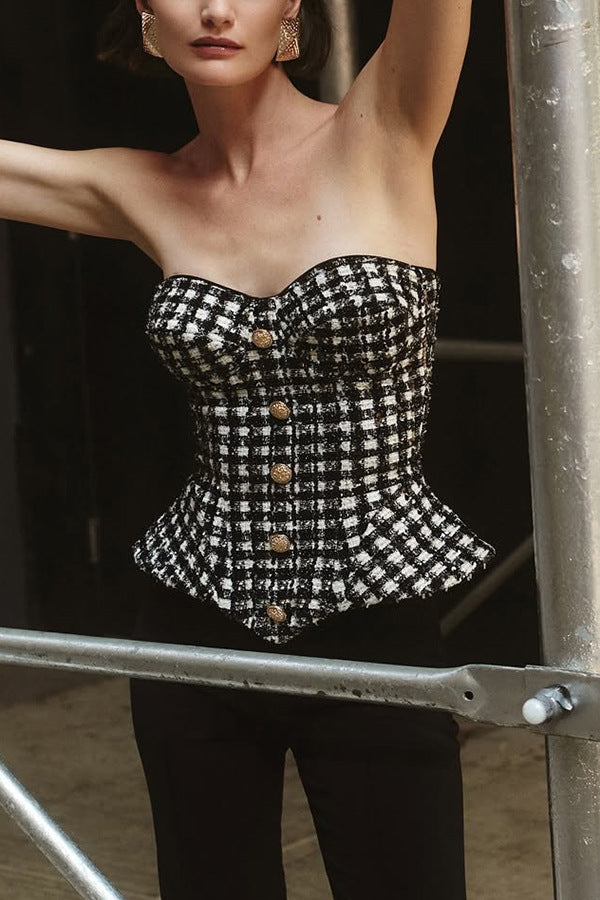 Roberta Black Check Tweed Sequin Top