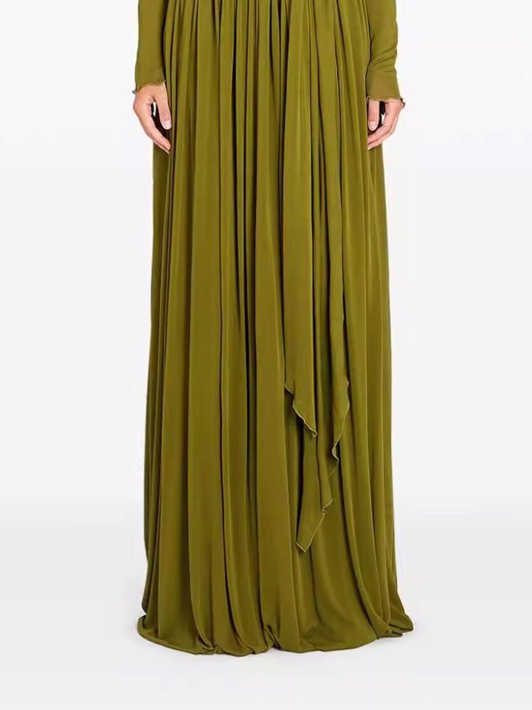 Pleated Maxi Dress With Draping Olive Green