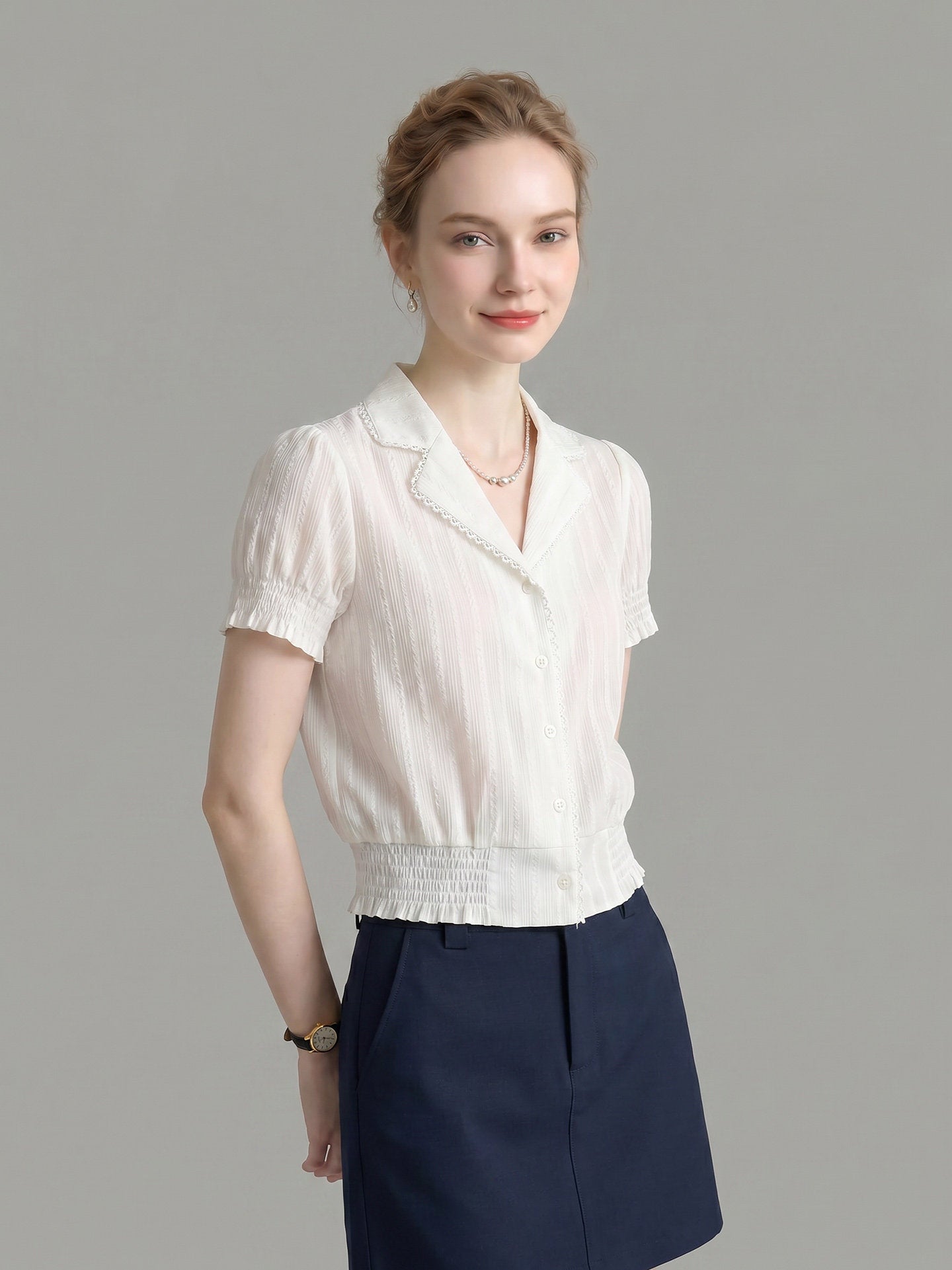 Flowering Girl Women Lace Trim Notched Collar Ruched Crop Short Sleeve Blouse