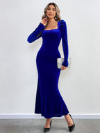 Flowering Girl Women blue Bodycon Long-Sleeved Velvet Fishtail Maxi Dress
