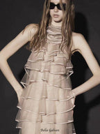 Flowering Girl Women Chiffon Sleeveless Ruffle Mini Dress in khaki